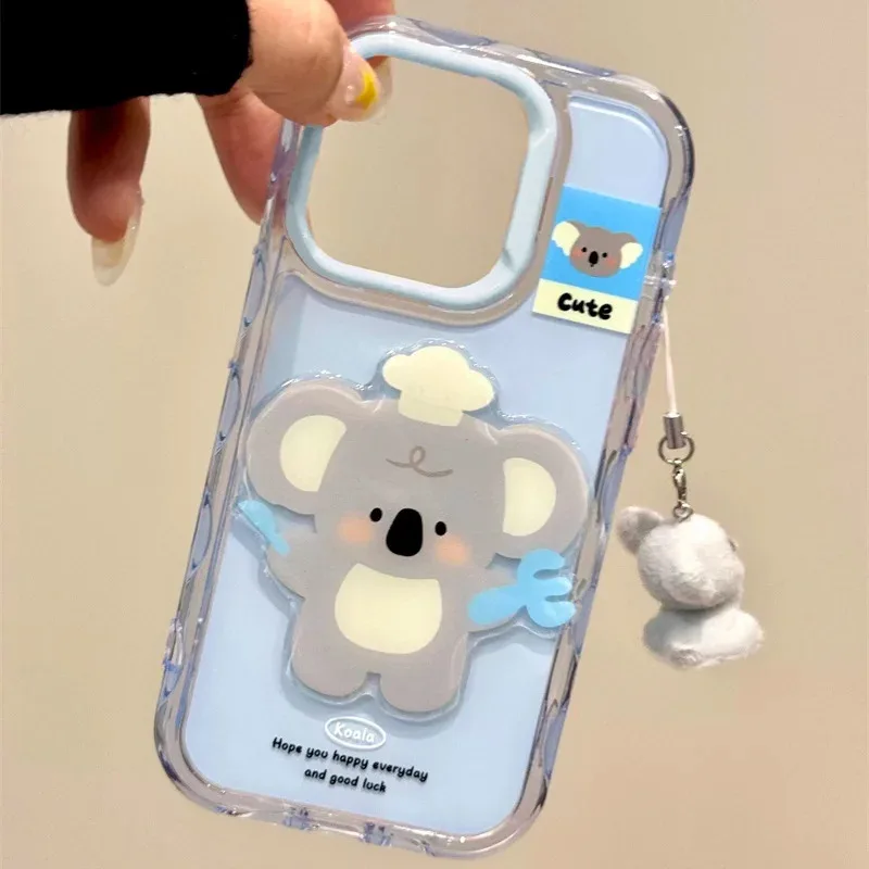 

Jelly Ripple Blue Painted Chef Hat Koala Phone Case with Koala Patch and Pendant for iPhone 11 12 13 14 15 16 pro max