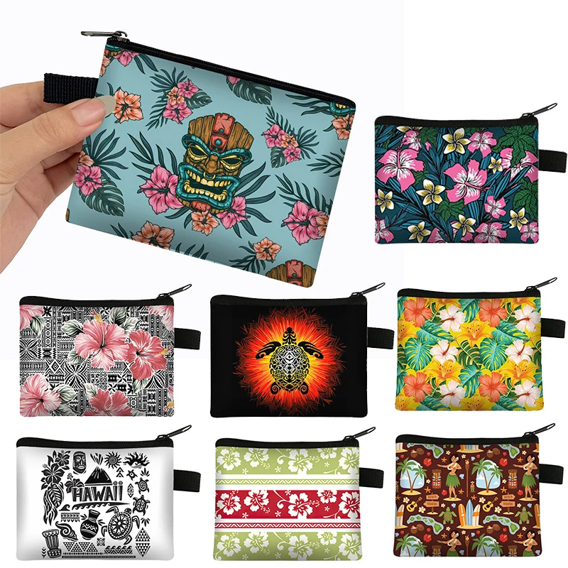 Polynesian Traditional Tribal Coin Purse Hawaiian Turtle Hibiscus Flowers Wallets Credit Card Key Earphones Holder Money Bag