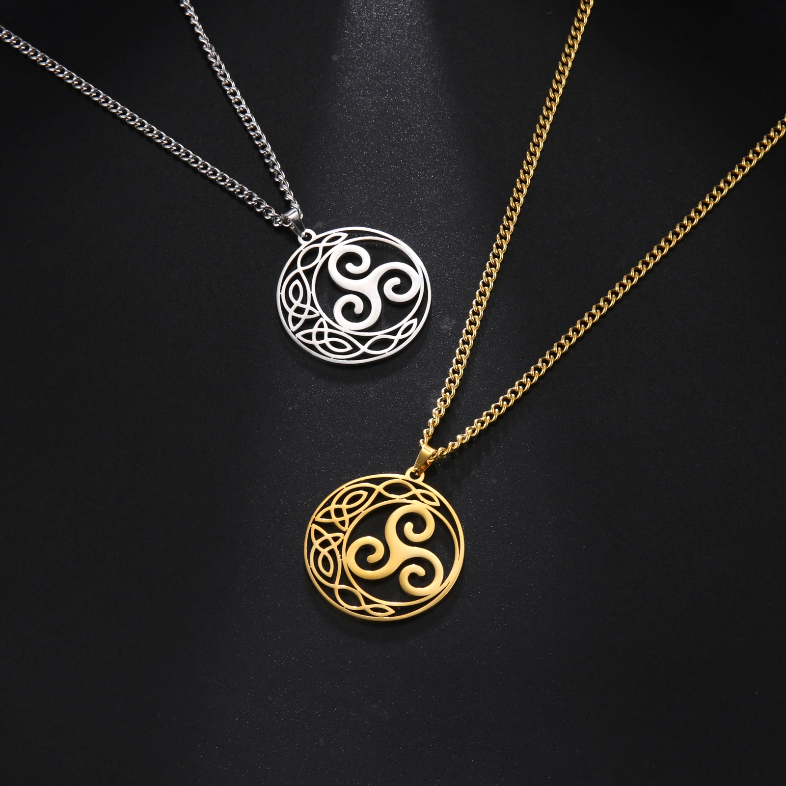 LIKGREAT Viking Celtic Moon Pendant Necklace Crescent Spiral Triskele Triangle Necklace Amulet Stainless Steel Men Women Jewelry