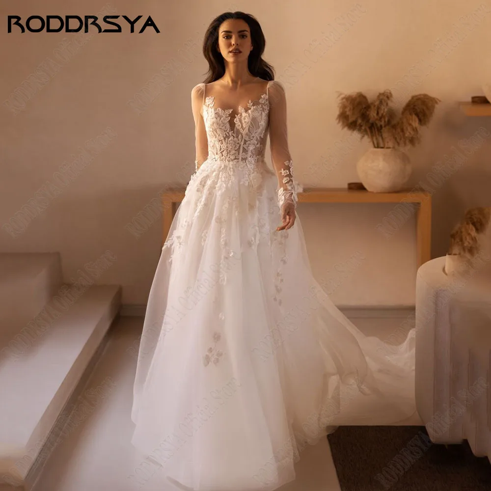 RODDRSYA gaun pernikahan yang indah untuk wanita gaun pengantin lengan panjang leher-o gaun pengantin renda Applique A-Line ilusi vestido de noiva