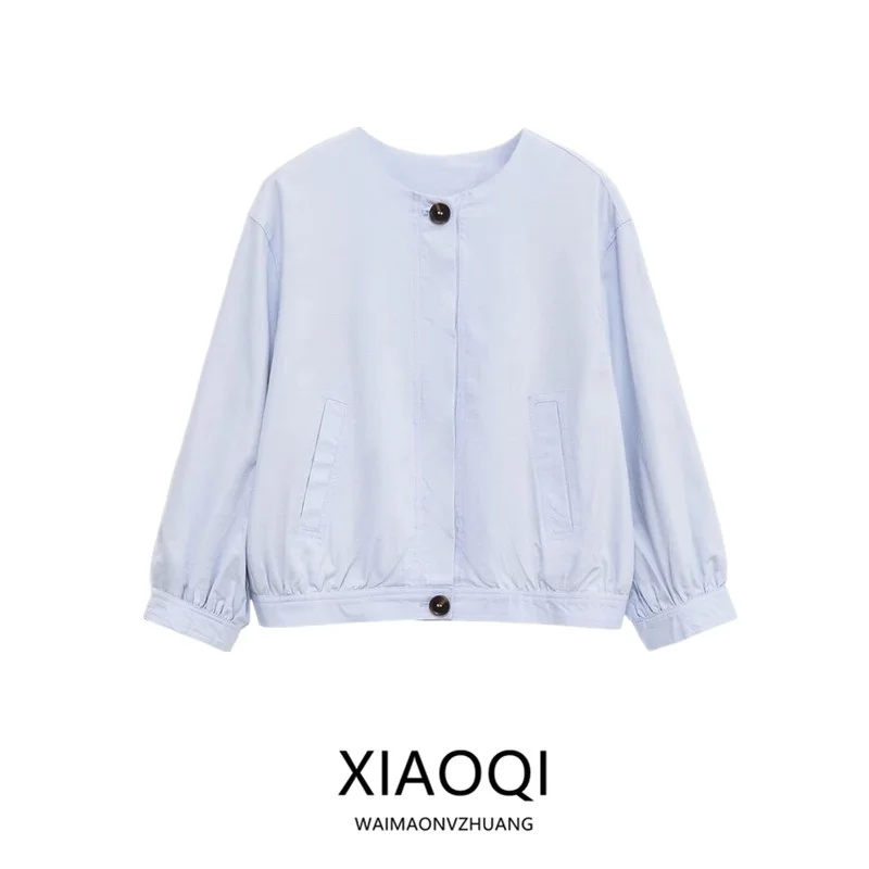 

New Summer 2025 Women's Faion Linen Long Sve Pilot Jaet Versatile Outerwear Commute Sle round Ne Button Closure Coat