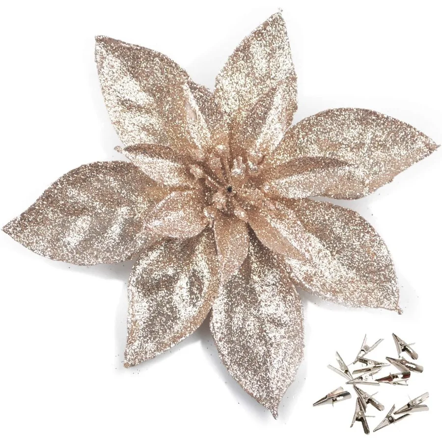 

GLTurelfies 12 шт. блестящие рождественские цветы 16 см 6,3 с 12 шт. зажимами Искусственный цветок пуансеттии Рождественская елка Цветочный деко