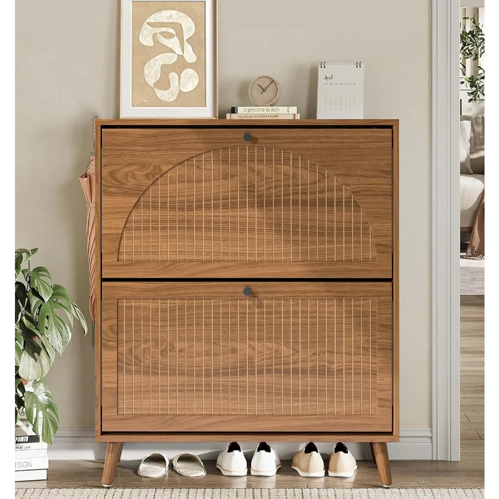 

Shoe Storage Cabinet for Entryway with 2 Flip Drawers, Narrow Wood Shoe Cabinet with Fluted Panel,