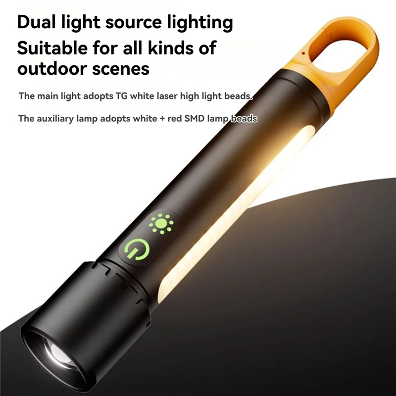 SQPP-Zoom مصباح يدوي 3500 مللي أمبير بطارية من النوع C شحن مع ضوء جانبي متعدد الوظائف ضوء قوي للتخييم