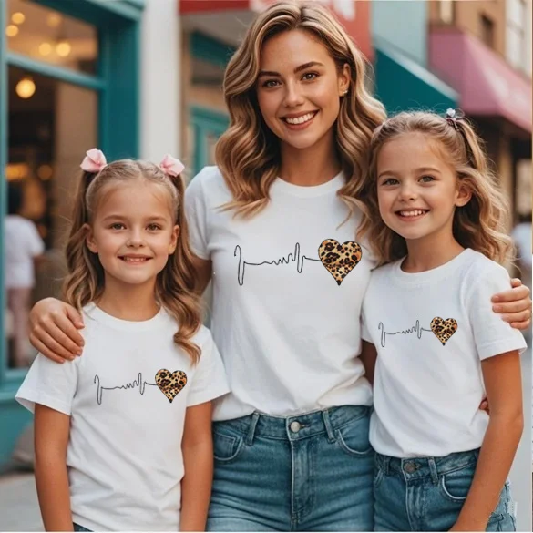Leopard Heart Family T-shirt Mom Daughter Short Sleeve Tops Parent Child Set Mother Girl Summer Tees