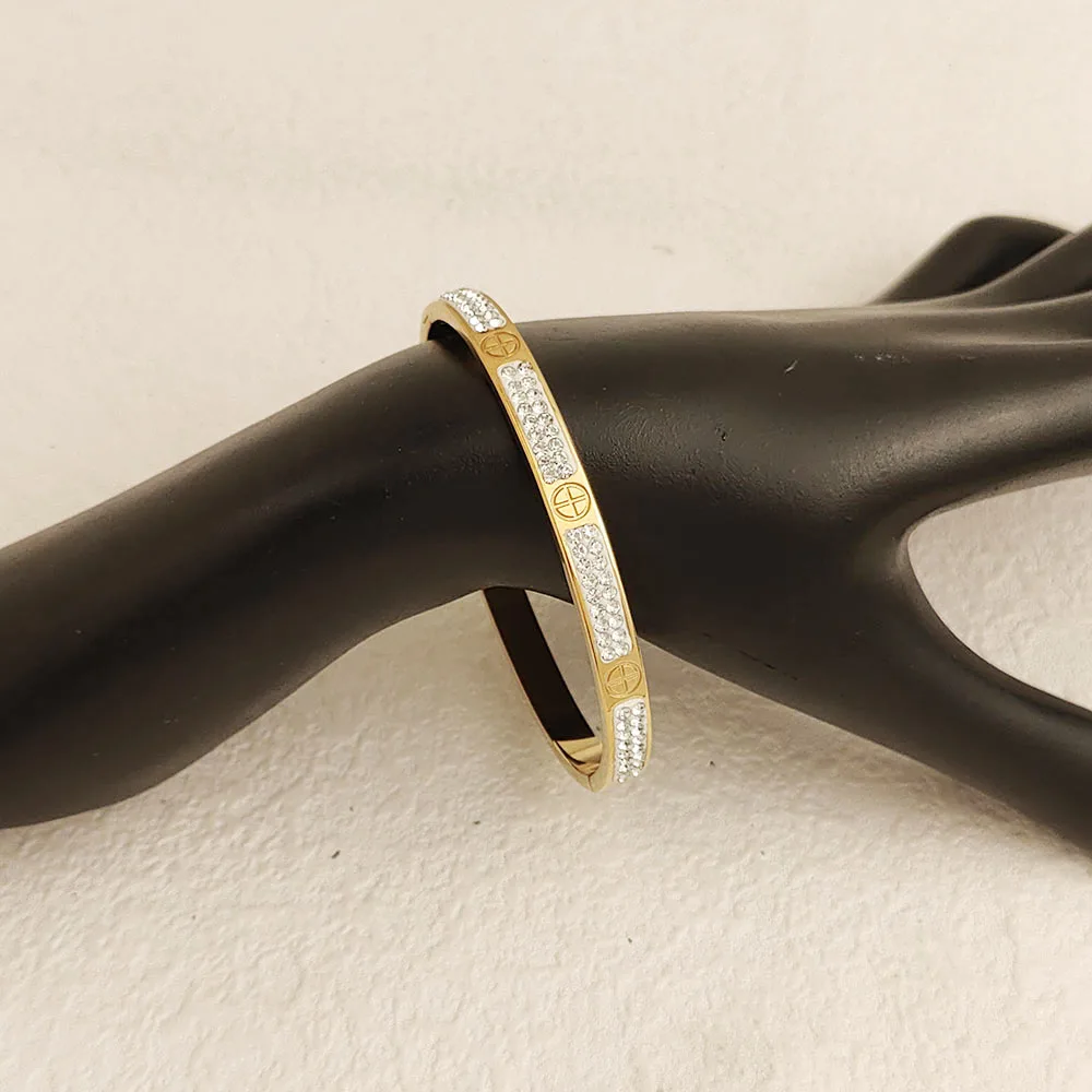 Reversible Crystal & Screw Pattern Gold Bangle Stainless Steel Waterproof Stackable Bracelet for Women