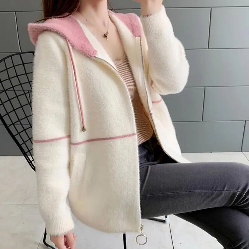 Casual Hooded Imitation Mink Velvet Cardigan Women Korean Fashion Loose Sweater Jacket Fall Soft Long Sleeve Knitted Coat U795