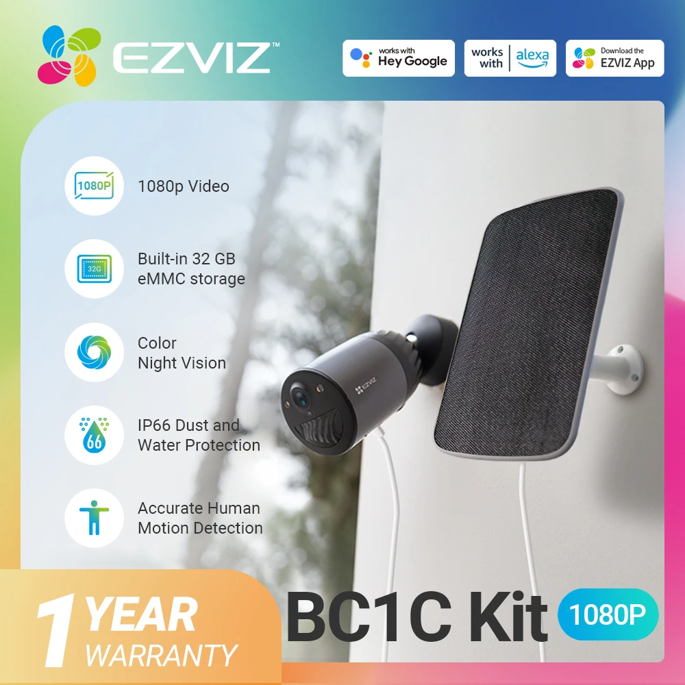 EZVIZ BC1C 2MP Kit Outdoor Security Camera with Solar Panel, Color Night Vision, Active Defense, 7800mAh Battery, Built-in 32GB