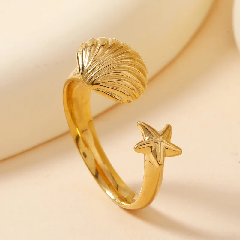 Vintage Shell Starfish Star Moon Rings For Women Gold Color Stainless Steel Openning Ring Wedding Jewelry Party Gift
