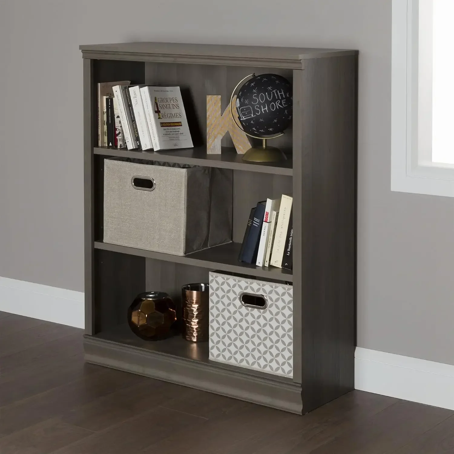 Morgan Small 3-Shelf Bookcase - Adjustable Shelves, Grey Maple