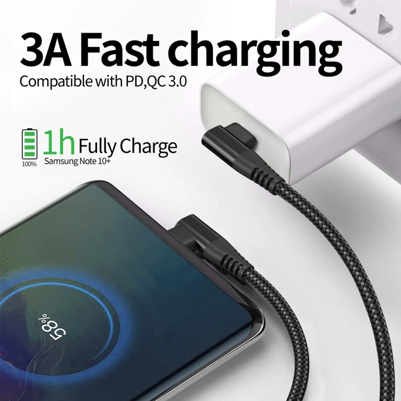 Cable USB C trenzado de ángulo recto, Cable Dual L USB C a C, Cable de carga y transferencia de datos para S10 S9, 90 grados
