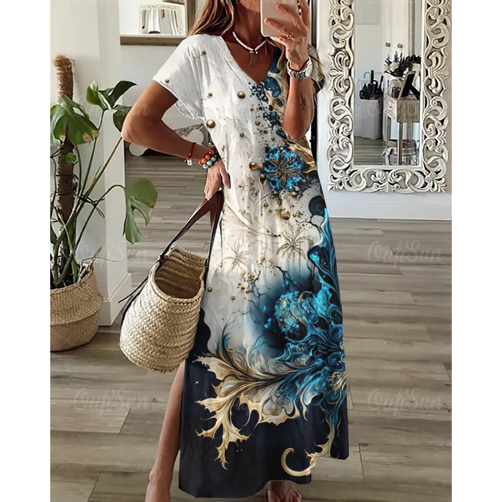 

Women's Dresses Summer Girls Evening Fashion Splicing V Neck Loose Bohemian Vacation Split Short Dress Female Short Sleeve Basic