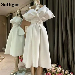 SoDigne Ivory Modern Off the Shoulder Prom Gown 2022 Tea Length Pleat Party Evening Dress Robe De Soiree