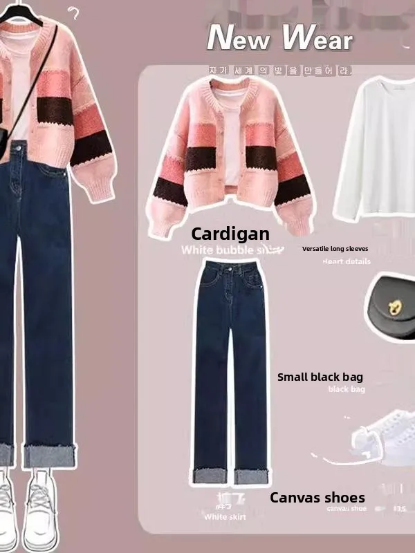 Nova Moda de Outono 2024 Cseta Base de Tamanho ande Suéter Conjunto Versátil de Jeans de Aodão com Zíper de Manga Long...