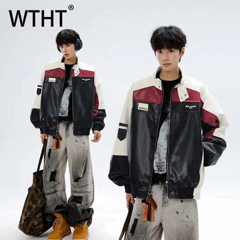

WTHT Fashion Men's Spliced Contrast Color Letter Leather Coats Trendy 2026 Spring High Street Stand Collar Jackets Male 2A1306