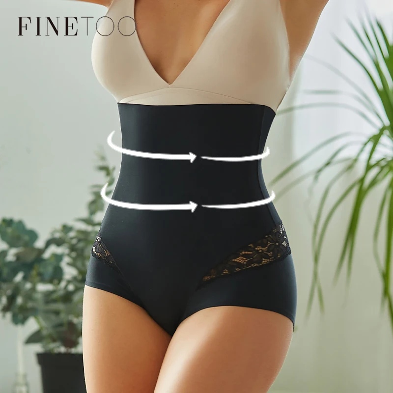 FINETOO Nahtlose Frauen Hohe Taille Body Shapewear Spitze Aushöhlen Gestaltung Höschen Atmungsaktive Starke Bauch Abnehmen Panty 2024