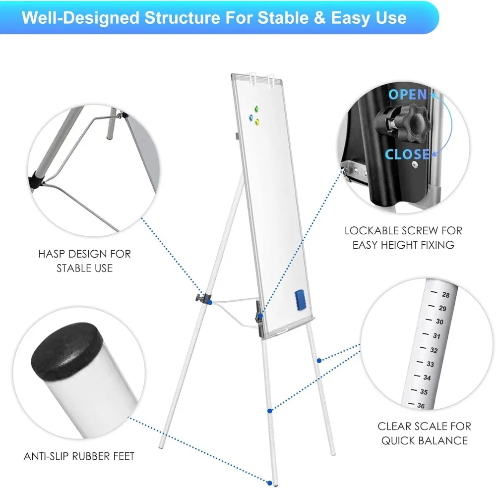 Quadro branco magnético portátil de apagamento a seco, tripé ajustável de 36x24 polegadas para ensino em sala de aula em casa e escritório