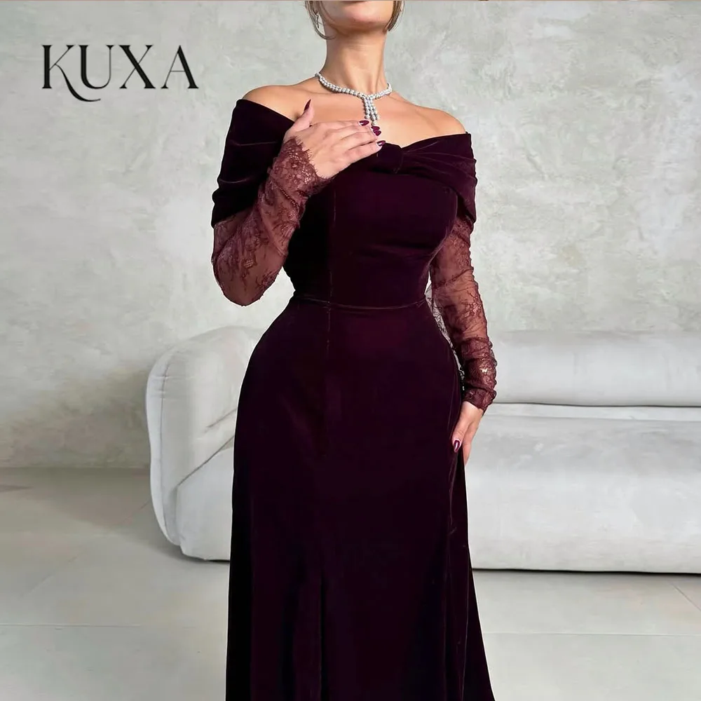KUXA Saudi Elegante Sexy Abendkleider V-Ausschnitt Lange Ärmel A-Linie Bodenlange Spitzen-Ballkleider Maßgeschneiderte Robes De Soirée 2026
