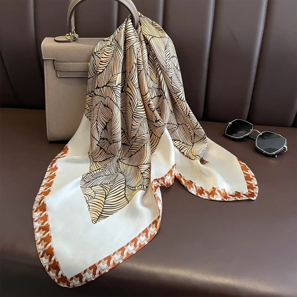 격자무늬 잎 프린트 새틴 스퀘어 스카프 부드럽고 가벼운 여성용 패션 액세서리 머리 목 숄 우아한 머리 스카프