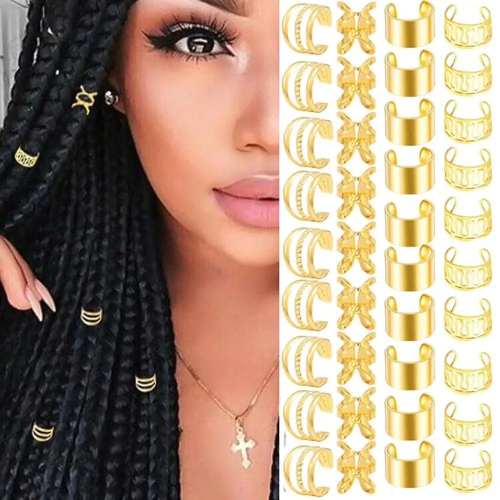 

40PCS Gold and Silver Dreadlocks Hair Rings Multi Style Metal Cuff Clips Hair Braid Tubes Dirty Braids Charm Braids Hair Beads