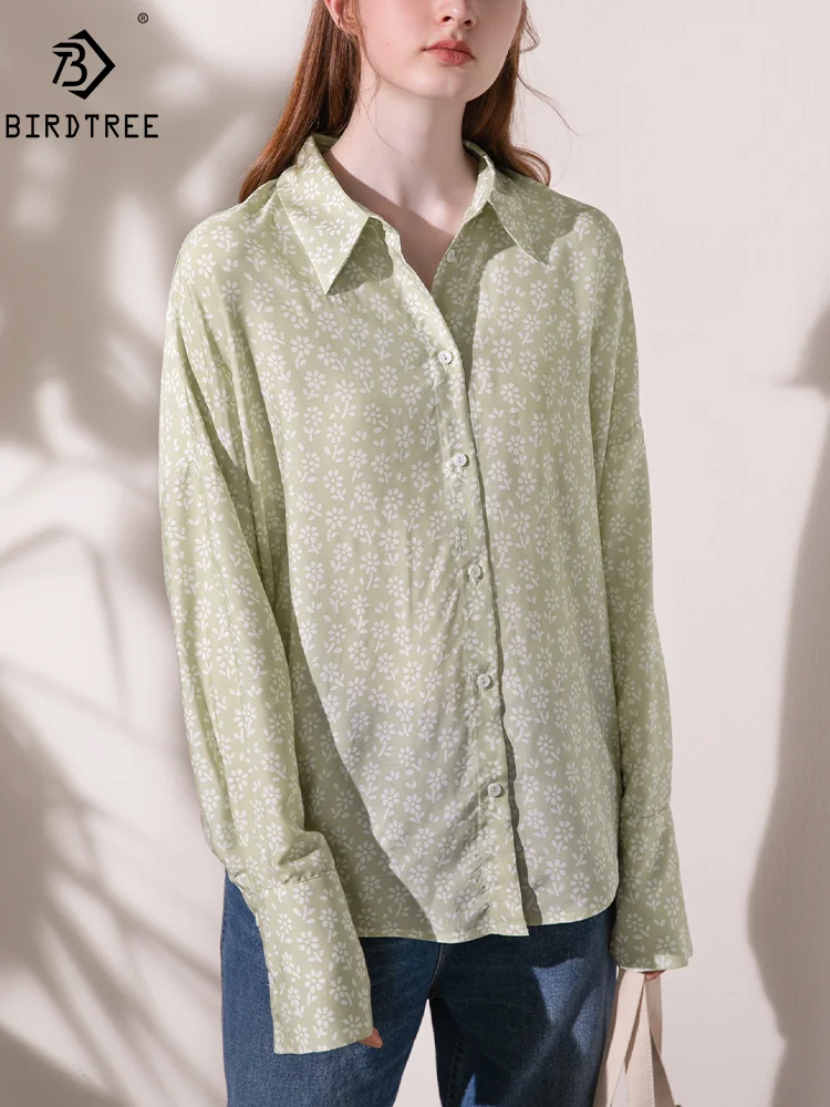 

BirdTree, 30%Natural Silk Elegant Shirt, Women Long Sleeve Lapel Floral, Commute Retro Loose Blouse, 2024 Summer Autumn T47104QM