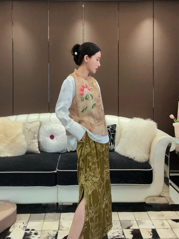 Embroidered Silk Velvet f Skirt High Waist Open Split Loose Slimming Midi een Color Women's Commute Sle A-Line S...