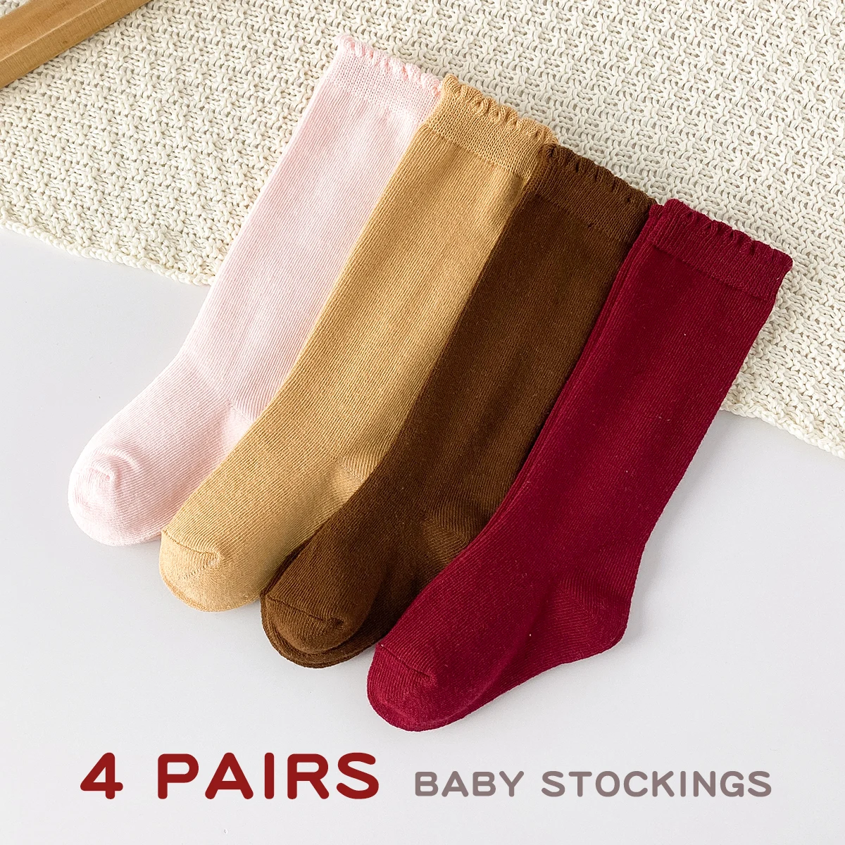 4 Pairs Knee-high Baby Toddler Socks, Children's Girl's Solid Color, Comfy Breathable Soft Non-Slip Socks for Kids' Daily and O
