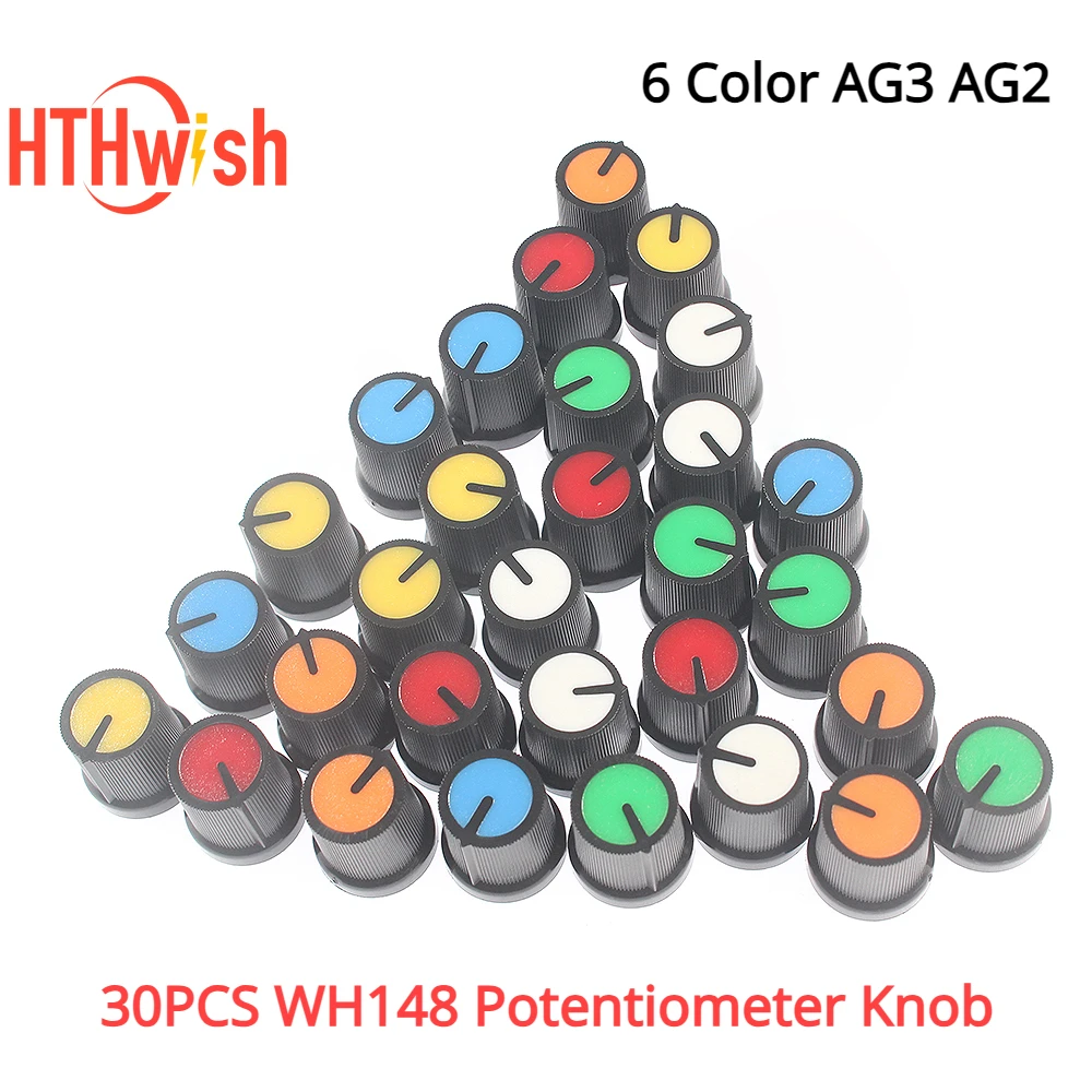30 Stück WH148 Potentiometerknopf, 6 Farben, AG3 AG2, Drehschalterknöpfe, sortiertes Set, DIY-Lichtdimmer, Lautstärkeregler-Knopfkappen-Set