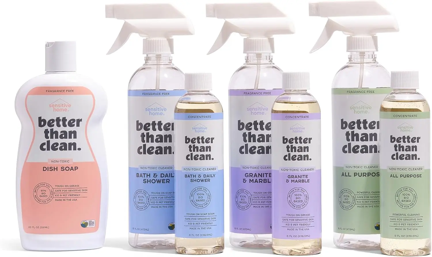 

Family Bundle Pack - Plant-Based, Fragrance Free Cleaning Products - With Dish Soap, Granite & Marble, Bath and Shower, and All