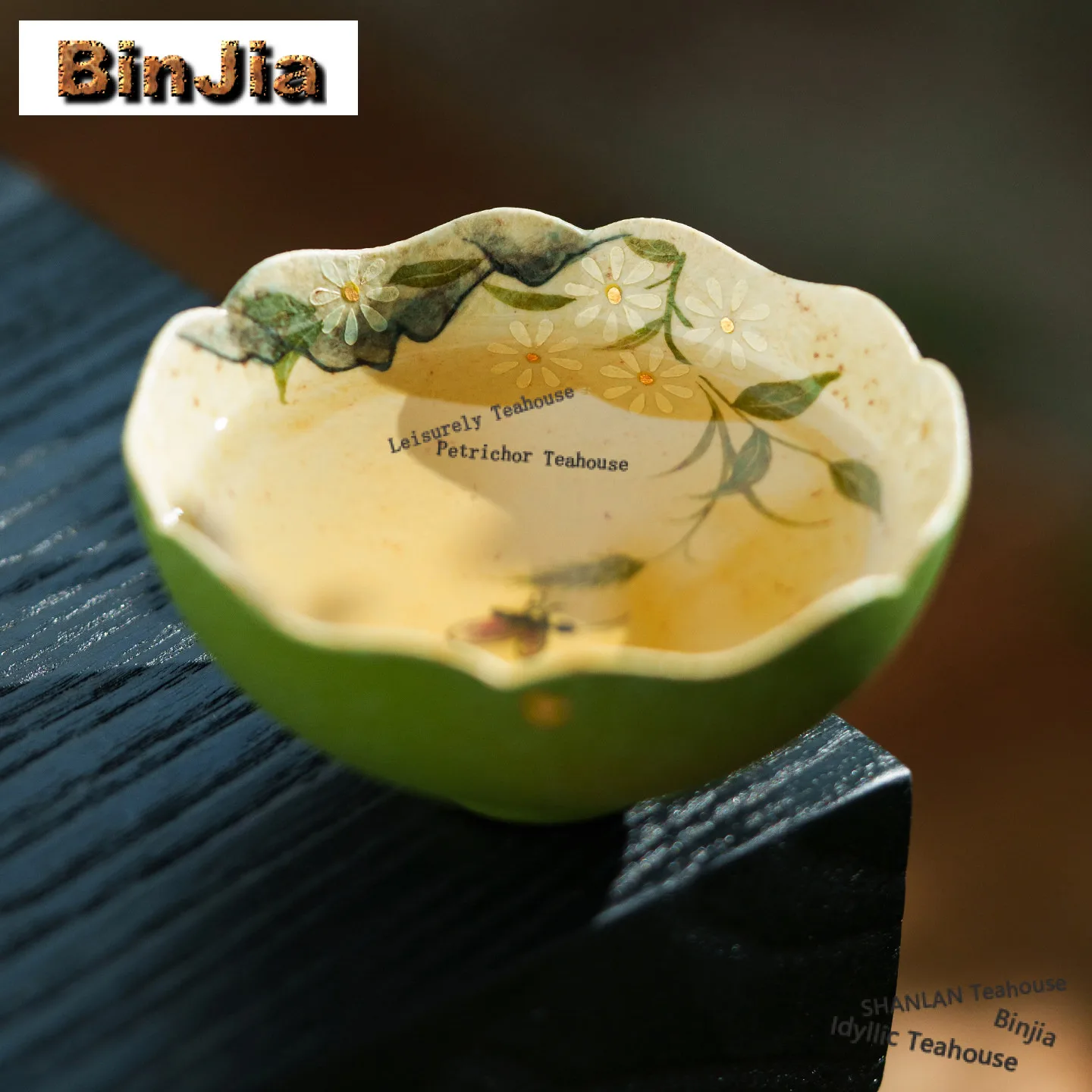 

60ml Citrus Green Sprinkle Gold Hand Painted Daisy Teacup Zen Tea Bowl Mug Tea-tasting Meditation Cup Jianzhan Master Cups Craft