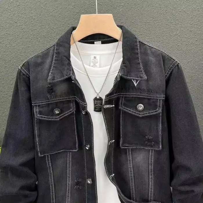 

Мужская джинсовая куртка в стиле ретро в американском стиле High Street, повседневная одежда с воротником, весенняя рабочая одежда для пар, модная брендовая куртка-стойка