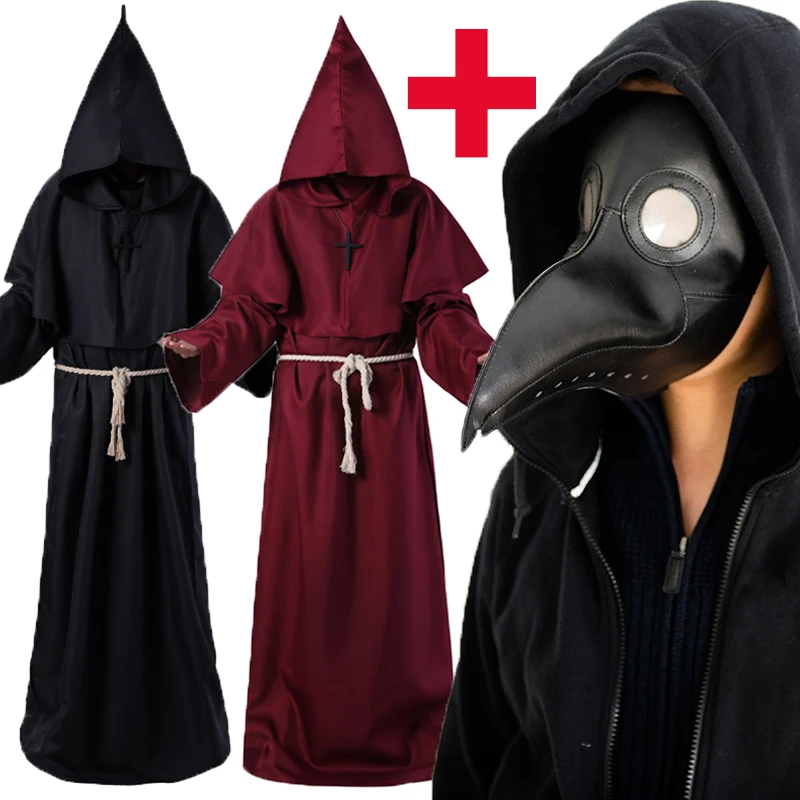 Halloween Medieval Hooded Robe Plague Doctor Witch Costume Mask Hat for Men Cosplay Steampunk Priest Horror Wizard Cloak Cape