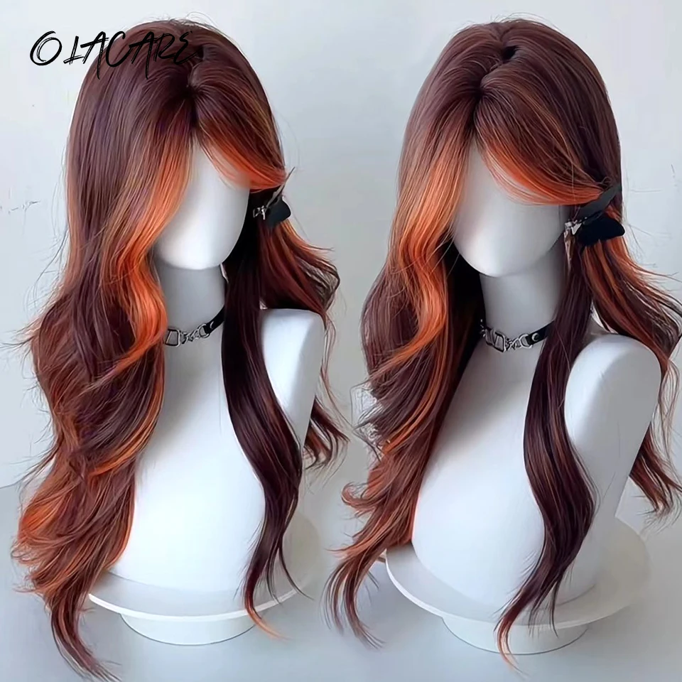 

OLACARE Long Loose Body Wave Copper Hair Wig Highlight Orange Curtain Bangs High Density Synthetic Layered Middle Part Wigs