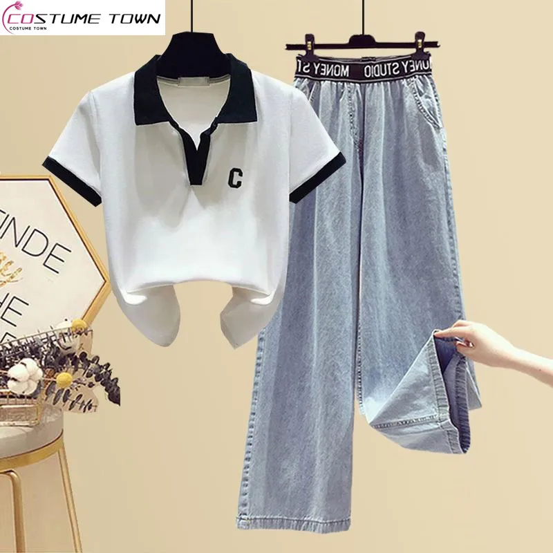 Spring and Summer Suit Women 2023 New Age Reduction Polo Shirt T-shirt Women+loose Slim Wide Leg Pants Two-piece Set