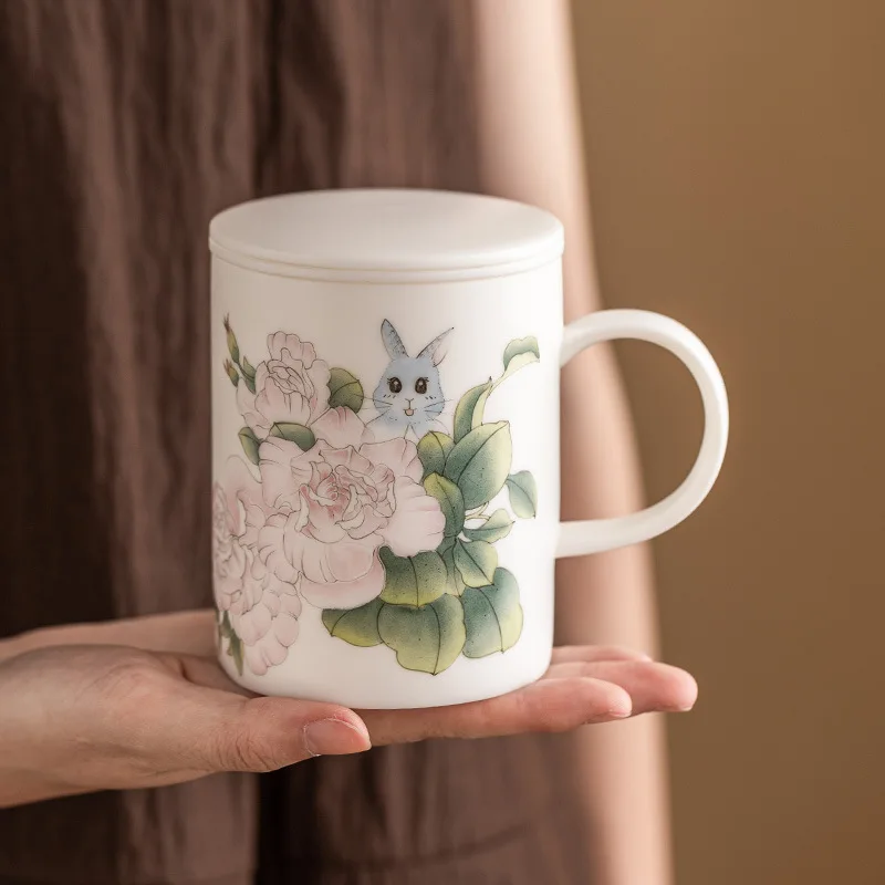 Peony suet jade teacup tea separation cup personal office mug gift box