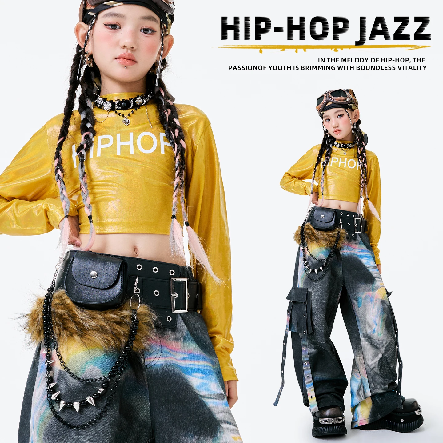 2025 Children Hip Hop Dance Costumes For Girls Yellow Crop Tops Loose Pants Outfits Modern Jazz Performance Clothing DQS21038