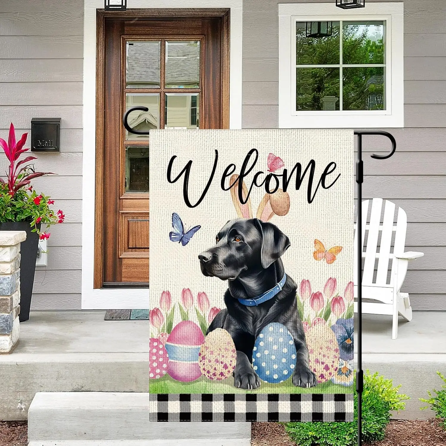 DLZDN Welcome Easter Dog Garden Flag Black Labrador Eggs Flag 12×18 Inch Double Side Vertical Burlap Farmhouse Yard Sign Spr ZZM