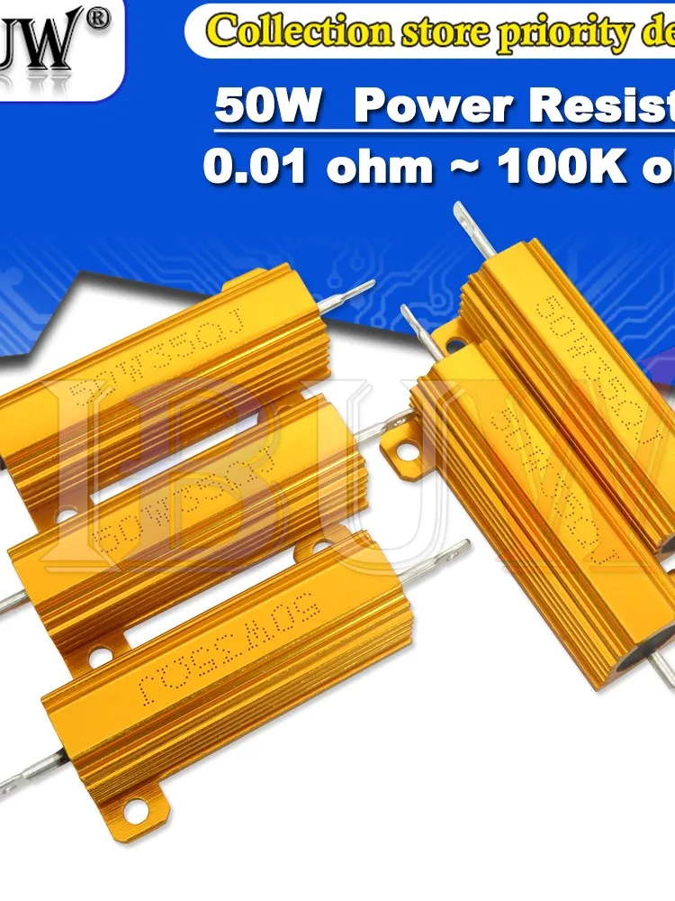 50W Aluminiowa obudowa z metalową powłoką Rezystor drutowy 0,01 ~ 100K 0,1 0,5 1 1,5 2 6 8 10 20 100 150 200 300 1K 10K ohm — zdjęcie produktu 6
