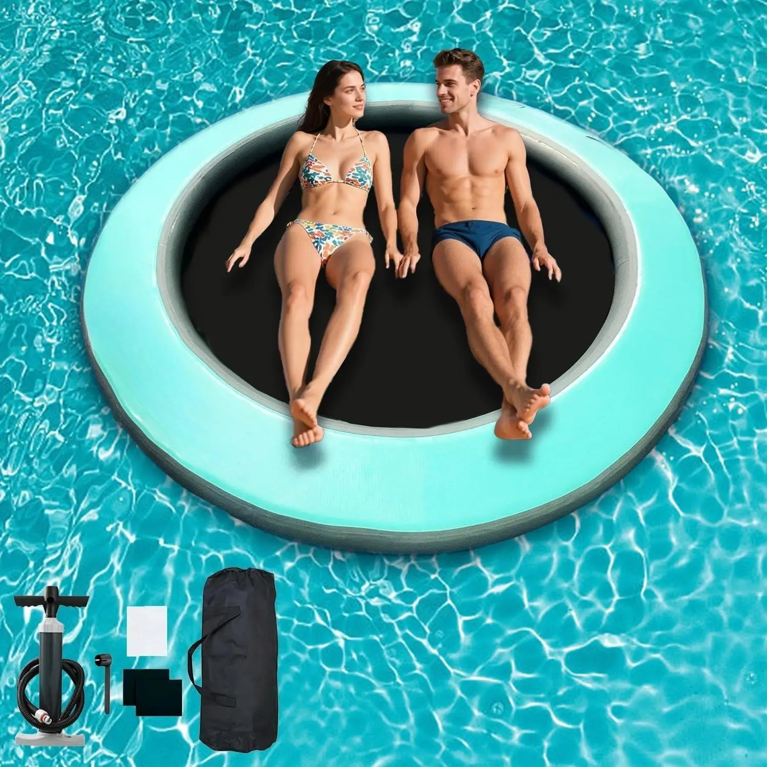 Anillo flotante redondo en H, flotadores de lago de hamaca de agua inflable de 8 pies para adultos, plataforma de muelle flotante inflable para lago, playa,