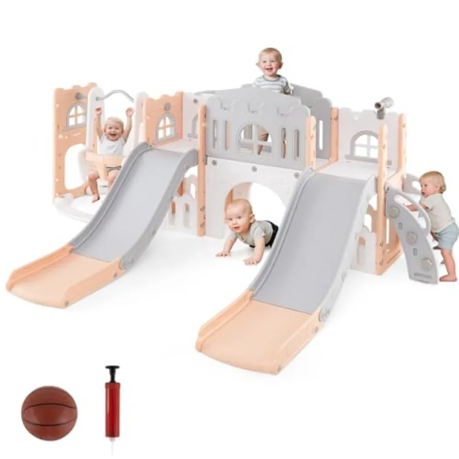 

10 in 1 Toddler Swing and Slide Set Double Slide and Climber Playset w/Aisle Peek-a-Boo Window and Storage Space Baby Indoor Pl