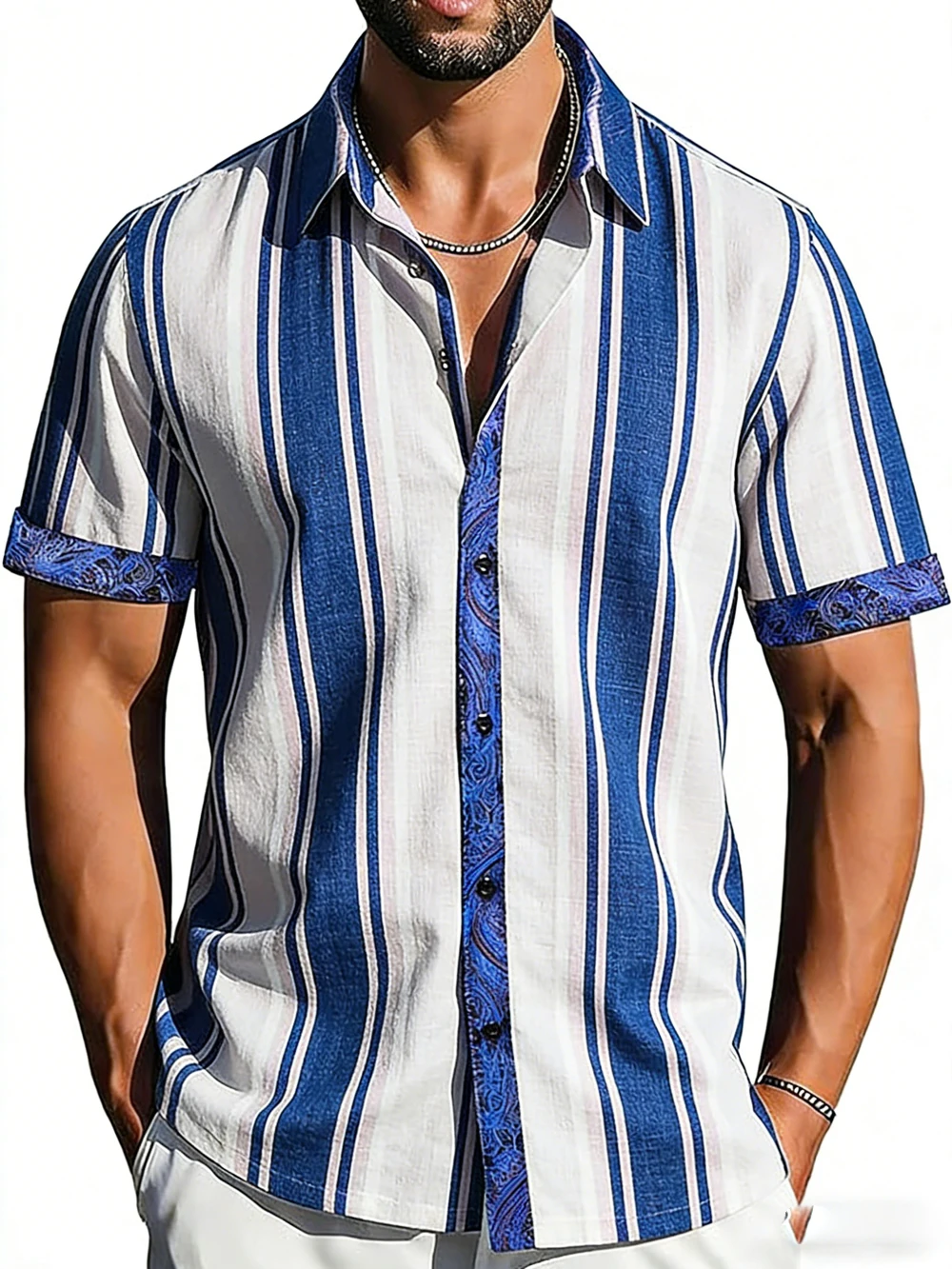 

Men's Spring New Arrival Linen Short Sleeve Shirts Colorful Striped Printed Shirts Hawaiian Vacation Social Party Men's Clothes