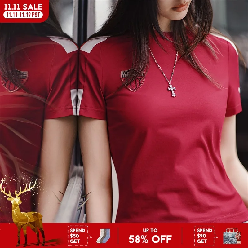 Maden Vintageสีบล็อกกีฬาแขนสั้นเสื้อยืดผู้หญิงฤดูร้อนสีแดงSlim FitลูกเรือคอTeeปักStreetเสื้อลําลอง