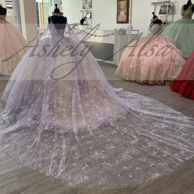 Customized Lilac Princess 14 Girl Quinceanera Dress With Cape V Neck Lace Applique Women Prom Birthday Party Dress 15 16 Vestido