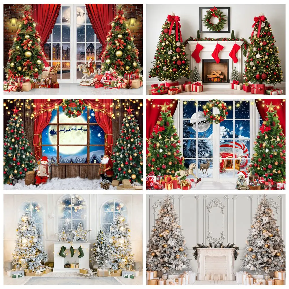 

Christmas Backdrop Xmas Tree Gifts Fireplace Window Kids Family Portrait Photography Background Decor Banner Photo Studio Props