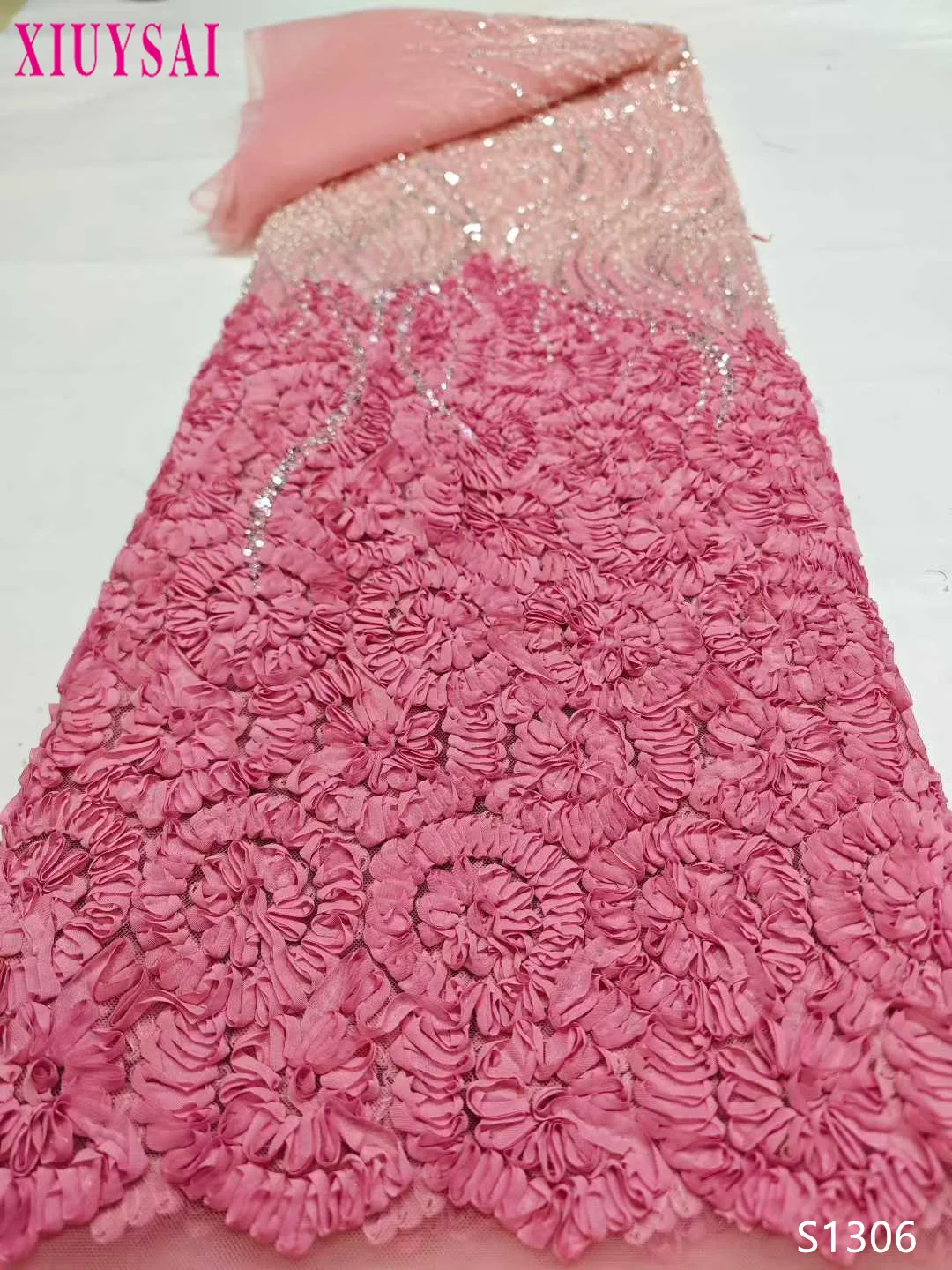 

Pink 3D Flower Embroidery Lace Fabric Beaded Sequin Tulle Gold French Lace for Wedding Dress Sewing