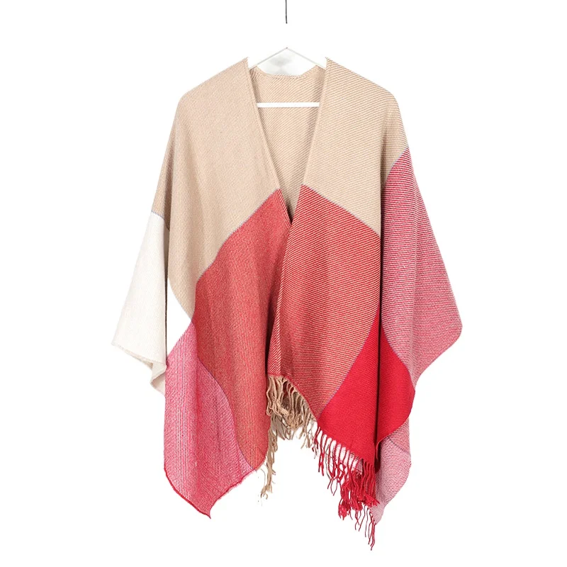 Women's Plaid Shawl Wrap Blanket Wraps Poncho Sweaters Knit Winter Cardigan Open Front Plus Size Warm Cape 130*153