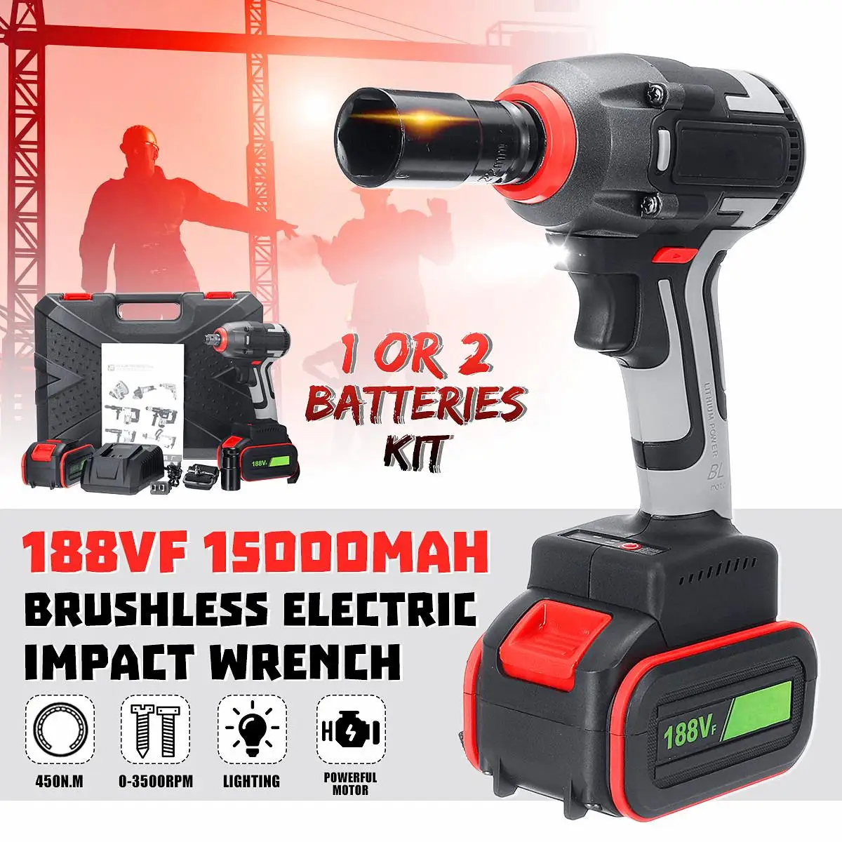 

Electric Impact Wrench 188VF Brushless Motor Wrench Socket Hand Drill Installation Screwdriver 2x Lithium-ion Battery Power Tool