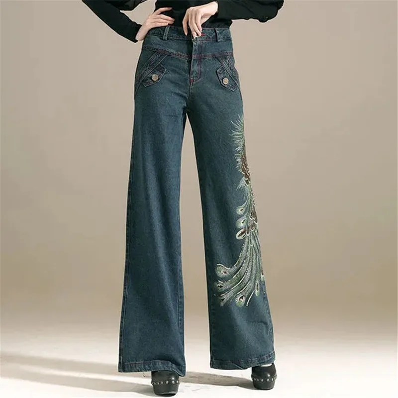 

90s Style Spring Autumn 2023 Womens high waist Vintage Pants Embroidery Wide Leg Jeans Baggy Denim Pants Jean Mom Jeans Trousers