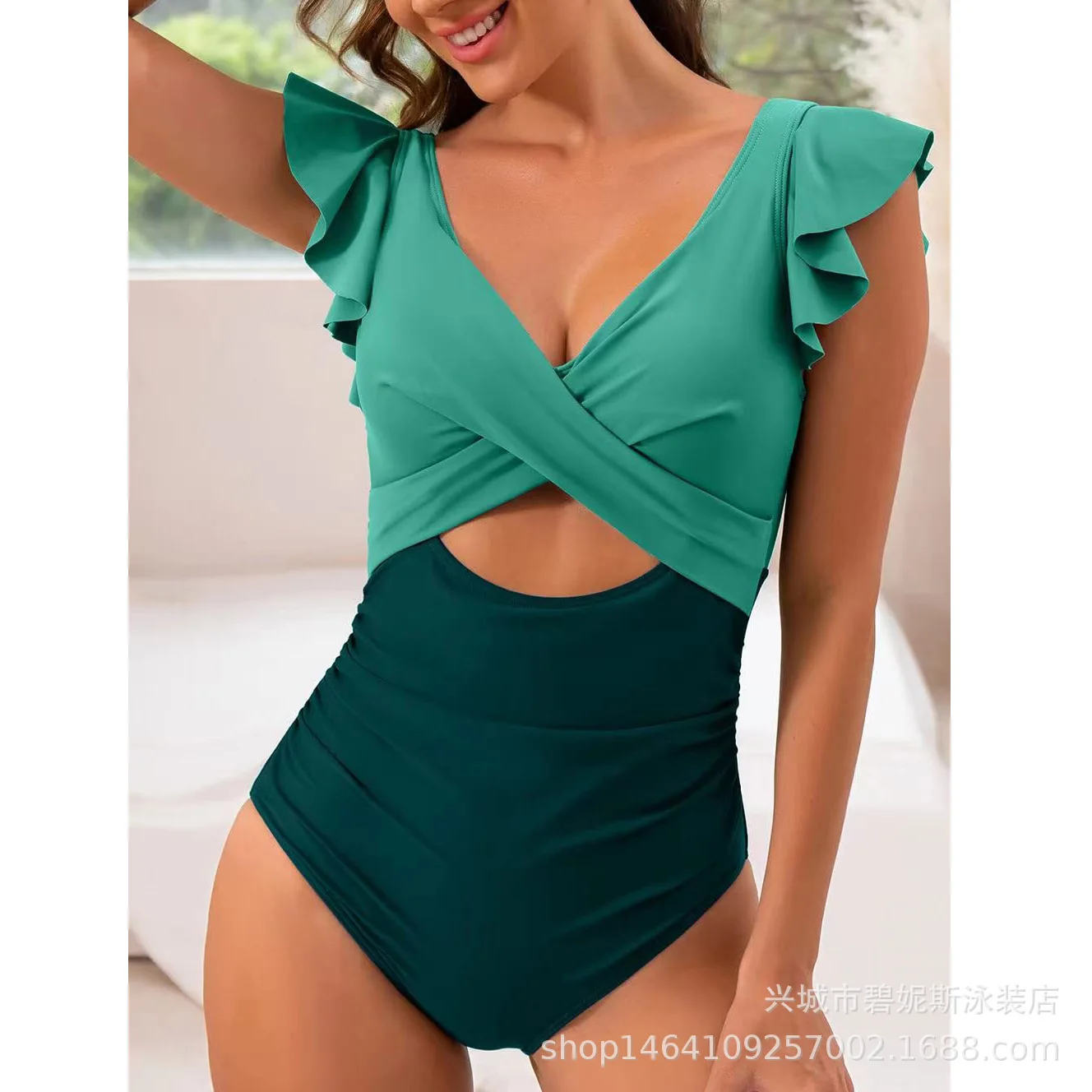 Europe and America One Piece Swimsuit Foreign Trade Crossing Tight Fitting Backless High Waist Sexy Flounce Montage Bikini