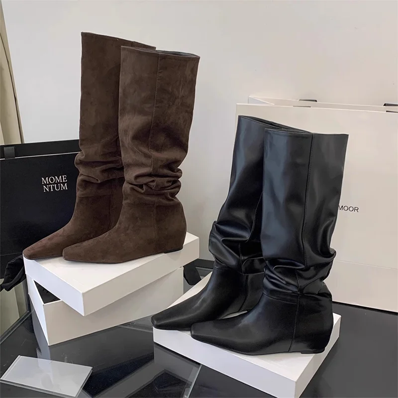Long Boots for Women's Flats Knee High Designer Shoes 2025 Fad Chelsea Boots New Winter Square Toe Elegant Gothic Mujer  Botas